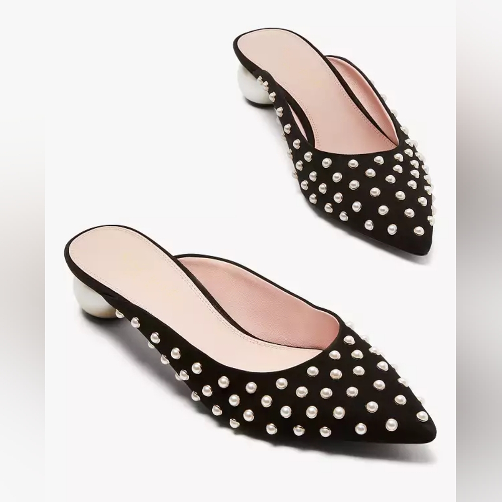 Kate Spade Honor Suede Black Ivory Pearl Pumps Slide Sandals US 10